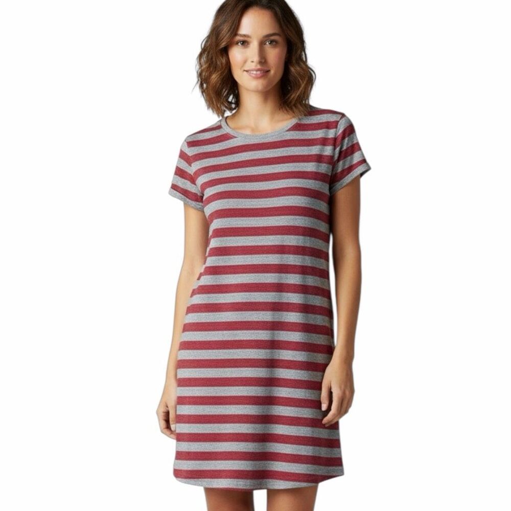 EDDIE BAUER Women’s Gray Red Short Sleeve Striped T-Shirt Dress Size Small